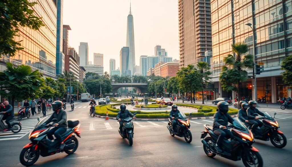 A bustling urban landscape, electric motorcycles navigating the streets with ease, their sleek designs blending seamlessly with the modern architecture. In the foreground, a group of riders effortlessly maneuver through traffic, showcasing the convenience and sustainability of electric mobility. The middle ground features a well-designed city square, with lush greenery and advanced infrastructure supporting the integration of green transportation options. The background depicts a towering skyline, hinting at the expansive scale of the city's transformation. Warm lighting casts a vibrant glow, highlighting the harmonious coexistence of technology and nature. The scene conveys a sense of progress, innovation, and the overcoming of urban mobility challenges.