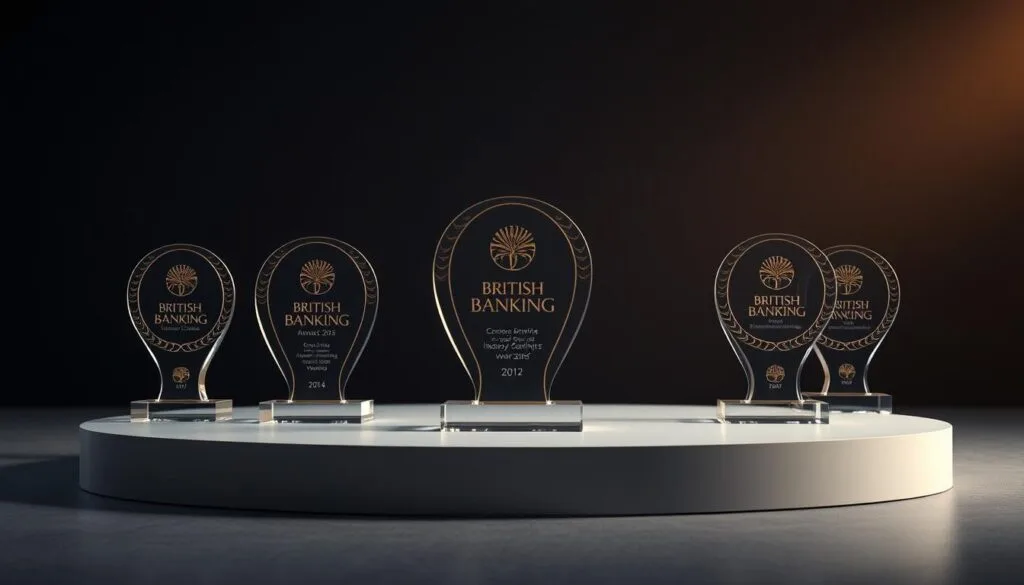 A high-resolution, realistic portrait of prestigious British banking awards and accolades displayed on a sleek, modern podium against a dramatic, high-contrast background. The awards are meticulously detailed, capturing the elegant designs and prestigious insignia. Soft, directional lighting adds depth and dimension, while a muted, sophisticated color palette conveys a sense of prestige and authority. The composition balances the awards in the foreground with a subtly blurred, minimalist backdrop, emphasizing the awards' significance. A high-resolution, realistic portrait of prestigious British banking awards and accolades displayed on a sleek, modern podium against a dramatic, high-contrast background. The awards are meticulously detailed, capturing the elegant designs and prestigious insignia. Soft, directional lighting adds depth and dimension, while a muted, sophisticated color palette conveys a sense of prestige and authority. The composition balances the awards in the foreground with a subtly blurred, minimalist backdrop, emphasizing the awards' significance.