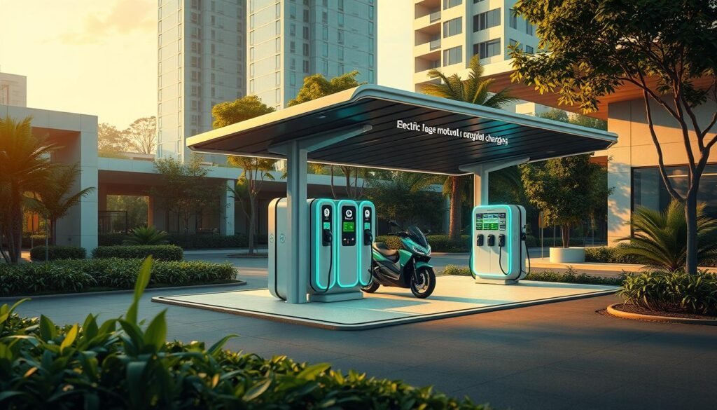 A sleek, modern electric motorcycle charging station in a sustainable urban landscape. The station features multiple charging ports, surrounded by lush greenery and minimalist architectural structures. Warm, natural lighting illuminates the scene, creating a sense of tranquility and innovation. High-definition, hyper-realistic rendering showcases the station's clean lines, innovative design, and seamless integration with the environment. The overall atmosphere evokes a vision of a progressive, eco-friendly future of urban mobility.
