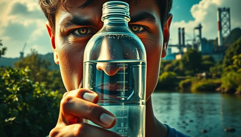 A striking portrait of a person holding a plastic bottle, symbolizing the social impact of plastic pollution. The foreground features a detailed and emotive facial expression, conveying a sense of concern and determination. The middle ground showcases a natural environment, with lush vegetation and a serene body of water, highlighting the environmental consequences of plastic waste. The background blends elements of technology and industry, suggesting the complex socioeconomic factors driving this issue. Dramatic lighting casts shadows, creating a sense of depth and drama. The color palette is vibrant, with bold hues accentuating the contrasts between the human, natural, and industrial elements. Overall, the image aims to evoke a powerful, thought-provoking narrative about the social and environmental challenges of plastic pollution.