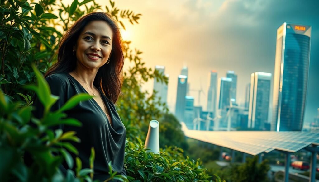 A thriving, sustainable business landscape, with an entrepreneurial leader at the forefront. In the foreground, a confident woman stands amidst a verdant backdrop, symbolizing growth and environmental responsibility. The middle ground features a sleek, innovative product, showcasing technological advancement in an ethical, eco-friendly manner. The background depicts a futuristic cityscape, with gleaming skyscrapers and renewable energy infrastructure, hinting at the transformative impact of sustainable business practices. Warm, vibrant lighting illuminates the scene, radiating a sense of progress and optimism. Captured with a wide-angle lens, the composition emphasizes the interconnectedness of innovation, environmental stewardship, and industry-leading vision.