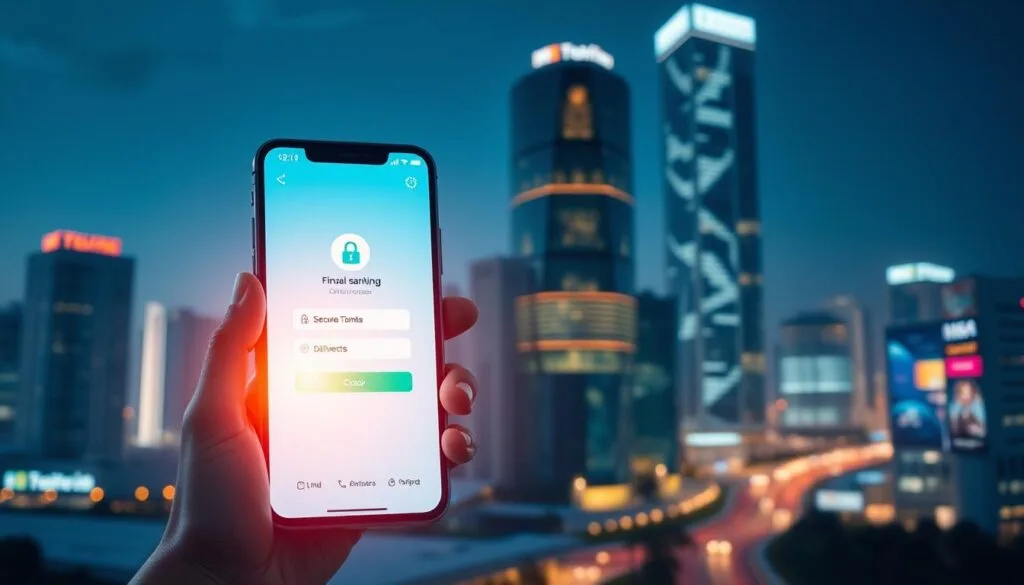 A vibrant digital banking interface with clean, accessible design elements. Glowing smartphone screen showcasing seamless, user-friendly financial services - secure login, fund transfers, bill payments. In the background, a dynamic cityscape with modern architecture, conveying a sense of technological innovation and urban progress. Warm, ambient lighting illuminates the scene, creating an atmosphere of trust, empowerment and financial inclusion. Subtle, minimalist iconography and infographics highlight the core banking solutions. Gentle chromatic tones of blues, greens and grays, reflecting the brand's identity. Highly detailed, photorealistic rendering in high resolution. A vibrant digital banking interface with clean, accessible design elements. Glowing smartphone screen showcasing seamless, user-friendly financial services - secure login, fund transfers, bill payments. In the background, a dynamic cityscape with modern architecture, conveying a sense of technological innovation and urban progress. Warm, ambient lighting illuminates the scene, creating an atmosphere of trust, empowerment and financial inclusion. Subtle, minimalist iconography and infographics highlight the core banking solutions. Gentle chromatic tones of blues, greens and grays, reflecting the brand's identity. Highly detailed, photorealistic rendering in high resolution.
