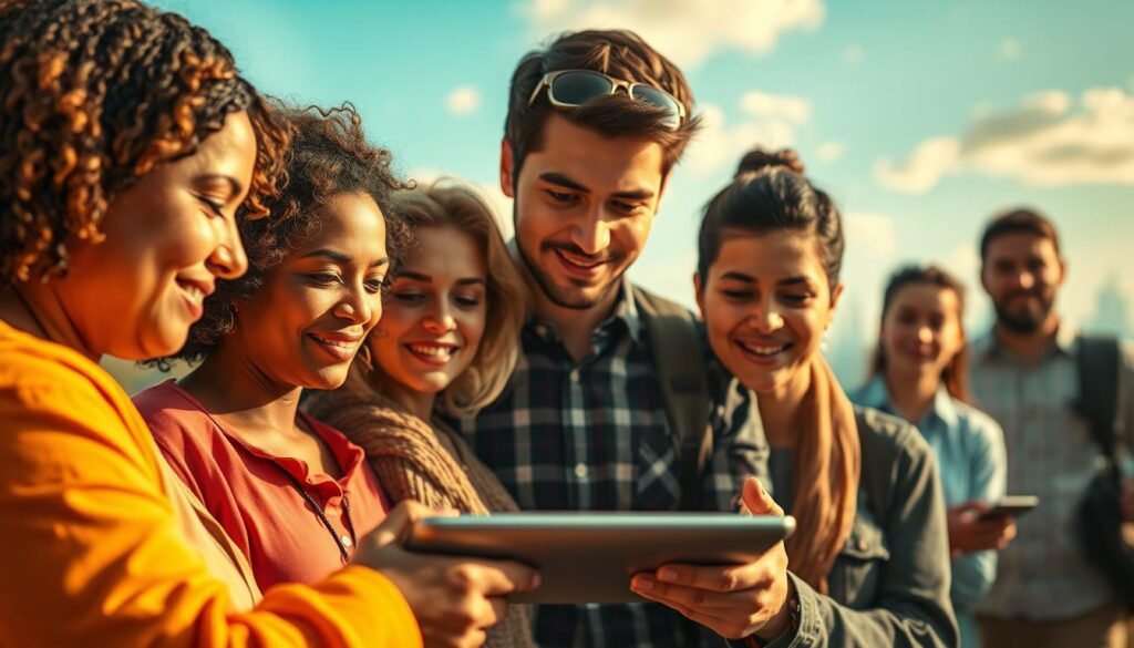 A vibrant scene of technological impact, showcasing an accessible tablet device at the center. The foreground features a realistic portrait of a diverse group of users, their expressions conveying the transformative power of the innovative technology. The middle ground reveals a backdrop of natural landscapes or futuristic cityscapes, representing the social and environmental integration of this accessible innovation. Warm, saturated colors and high-definition details create an immersive, visually striking composition that captures the essence of the "Impacto Social, Ambiental y Tendencias del Mercado" section.