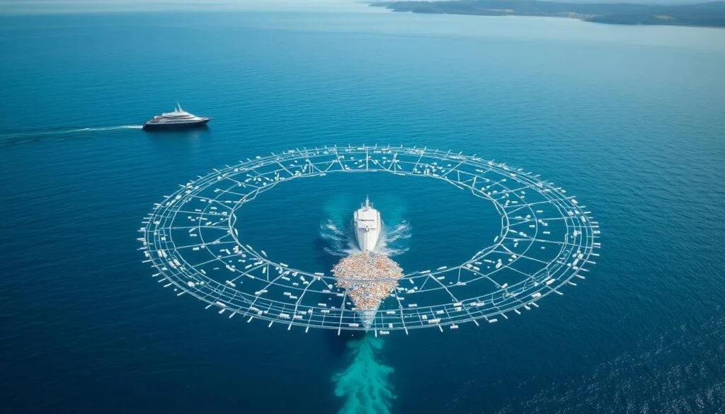 Aerial view of a large-scale plastic recovery system floating in the middle of a vast, pristine blue ocean. In the foreground, a network of booms and skimmers gently guides and collects the dispersed plastic waste, creating a centralized gathering point. In the middle ground, sleek, solar-powered vessels monitor and maintain the system, their design seamlessly integrated with the natural environment. The background features a serene horizon, with hints of lush, undisturbed coastlines in the distance, conveying a sense of ecological harmony and sustainable stewardship. The lighting is soft and diffused, highlighting the streamlined, efficient nature of the cleanup operation. Capturing the essence of Boyan Slat's innovative and environmentally conscious approach to ocean conservation.
