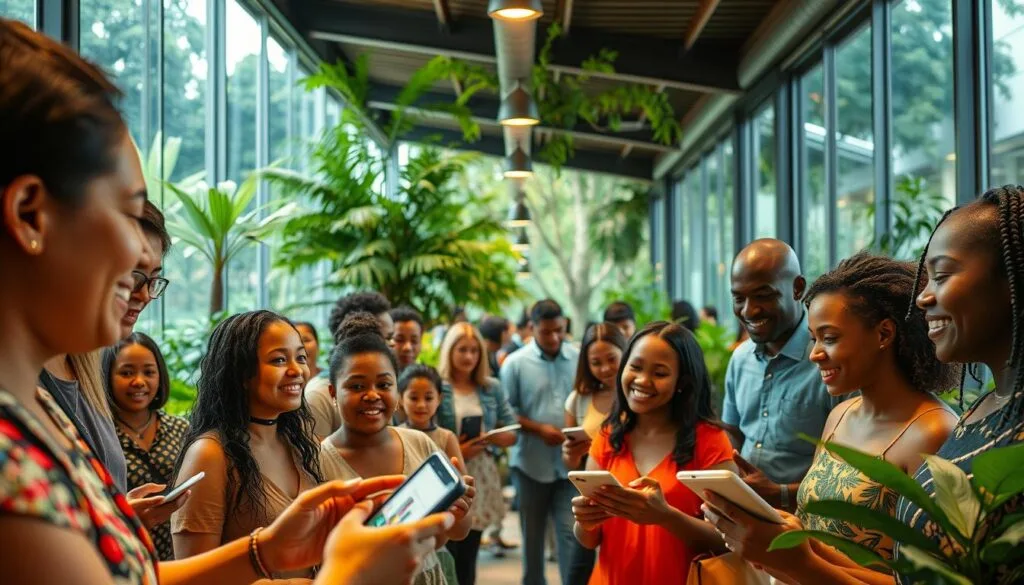 Bustling community hub with sustainable impact, showcasing diverse people engaged in enriching activities. Vibrant colors and textures reflect the blending of natural and technological elements. Warm lighting illuminates smiling faces, hands collaborating, and tech devices seamlessly integrated. Sleek architectural details and verdant backdrops create a sense of progress and harmony. The scene conveys a powerful narrative of inclusive, environmentally-conscious development empowering local communities. Bustling community hub with sustainable impact, showcasing diverse people engaged in enriching activities. Vibrant colors and textures reflect the blending of natural and technological elements. Warm lighting illuminates smiling faces, hands collaborating, and tech devices seamlessly integrated. Sleek architectural details and verdant backdrops create a sense of progress and harmony. The scene conveys a powerful narrative of inclusive, environmentally-conscious development empowering local communities.