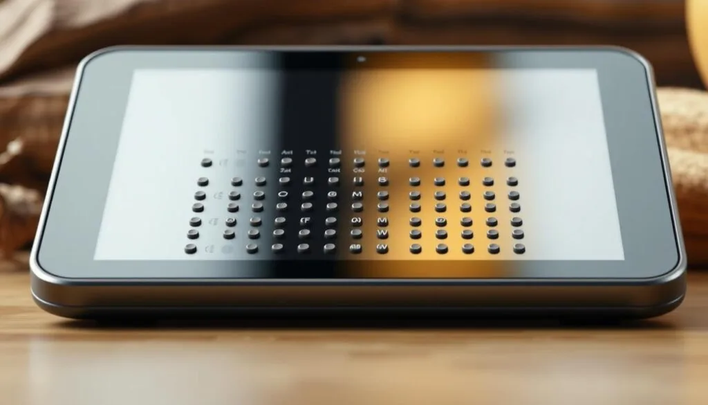 Detailed and realistic 3D render of a revolutionary Braille tablet device, showcasing its innovative design and inclusive technology. Sleek, minimalist form factor with a high-contrast tactile interface and intuitive controls. Soft, diffused ambient lighting illuminates the textured surface, highlighting the Braille patterns. Placed against a backdrop of natural elements like wood or metal, conveying a sense of modern, sustainable technology. High-definition, photorealistic quality with vivid colors and meticulous attention to material textures and reflections.