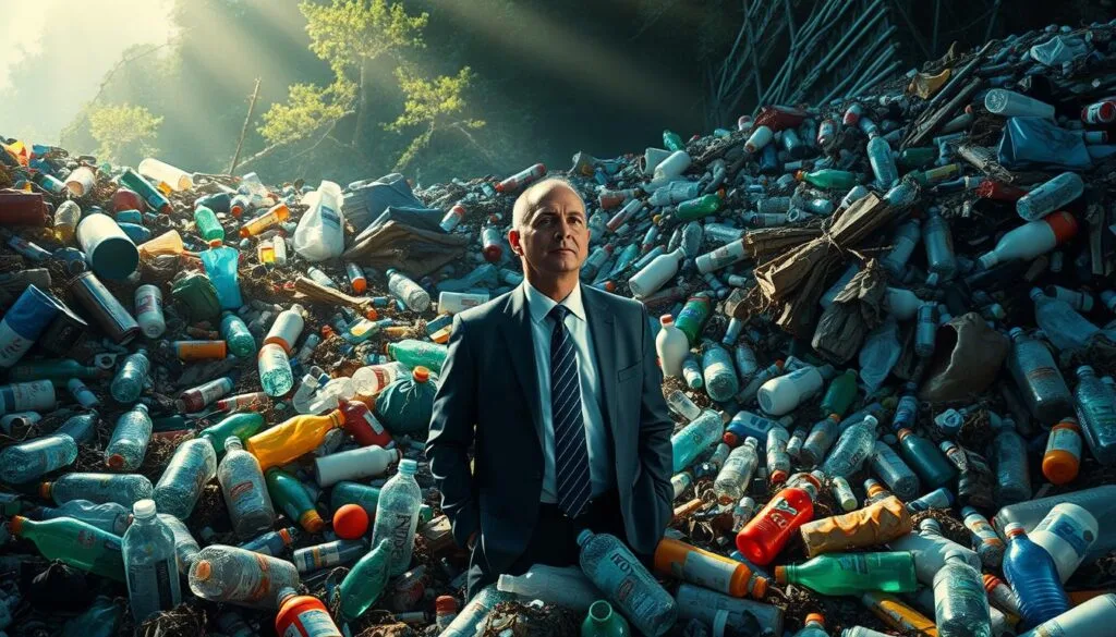 Realistic portrait of a businessman standing amidst a vast ocean of plastic waste, surrounded by discarded bottles, bags, and debris. The scene conveys a somber mood, with the executive's expression reflecting the economic impact and environmental burden of plastic pollution. Dramatic lighting from above casts long shadows, emphasizing the magnitude of the crisis. The background blends natural and technological elements, hinting at the complex, intertwined challenges. Vibrant, high-definition colors underscore the urgency of addressing this critical issue.