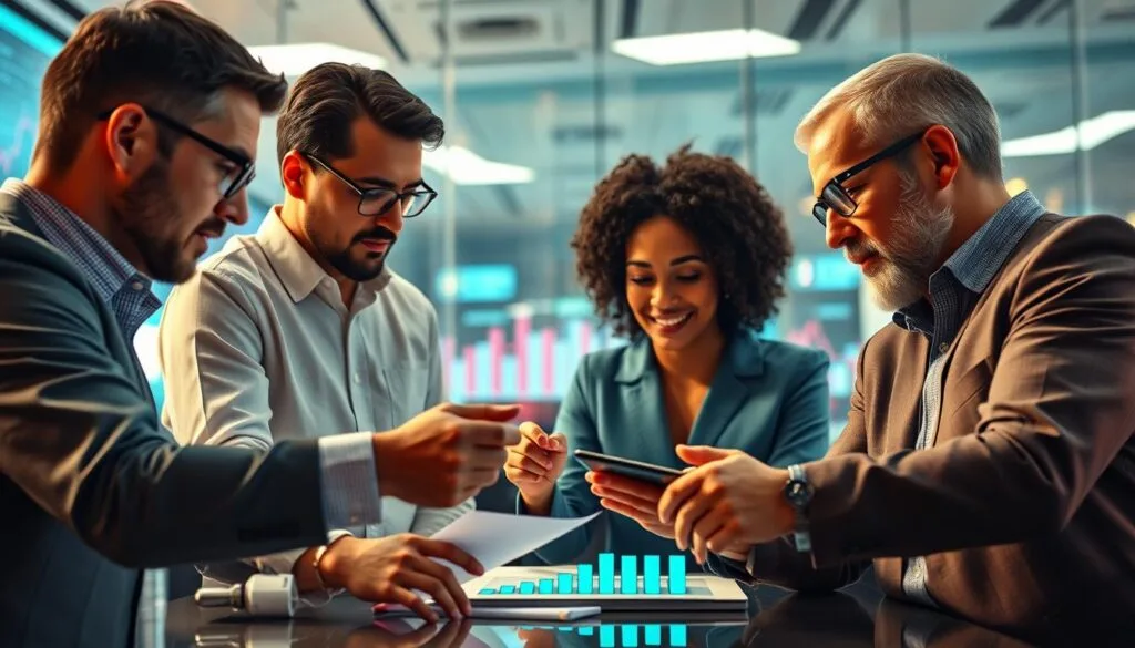 Realistic portrait of a team of financial strategists evaluating innovative investment opportunities, with a clean, modern office setting or futuristic technological backdrop. Vibrant color palette, dynamic angles, and an air of dynamism and forward-thinking. Emphasis on the collaborative process, financial data visualizations, and an overall sense of strategic vision and progressive financial inclusion. Realistic portrait of a team of financial strategists evaluating innovative investment opportunities, with a clean, modern office setting or futuristic technological backdrop. Vibrant color palette, dynamic angles, and an air of dynamism and forward-thinking. Emphasis on the collaborative process, financial data visualizations, and an overall sense of strategic vision and progressive financial inclusion.