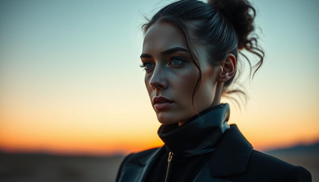 Retrato realista de un diseño de moda de lujo innovador y sostenible, con detalles intrincados y elegantes. En primer plano, una modelo vistiendo una prenda de alta costura, con elementos tecnológicos integrados de manera fluida. En un fondo natural o tecnológico, con colores vibrantes y una iluminación cuidadosamente construida que captura la intersección de la moda y la innovación. La imagen transmite un sentido de elegancia, vanguardia y compromiso con la sostenibilidad, reflejando la visión de José Neves y Farfetch de transformar la industria de la moda de lujo.