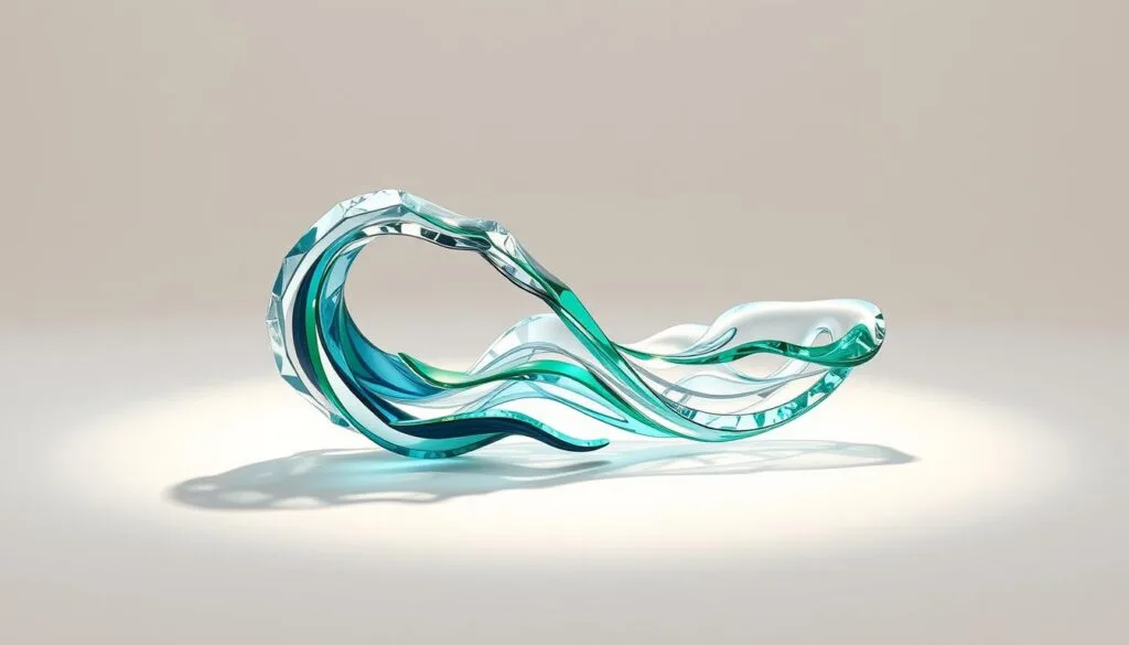 Retrato realista de una estatuilla de premios de tecnología, diseño y limpieza de plásticos. Un objeto escultural, elegante y de líneas modernas, flotando sobre un fondo blanco luminoso. Detalles minuciosos en el material, como cristal, metal y madera, reflejando luz y proyectando sombras suaves. La estatuilla tiene una forma orgánica y curvilínea, sugiriendo movimiento y fluidez, como el flujo de los océanos. Colores vibrantes, como azul, verde y plata, que resaltan la temática ecológica y de innovación. La imagen transmite un sentido de logro, reconocimiento y progreso en la lucha contra la contaminación plástica.