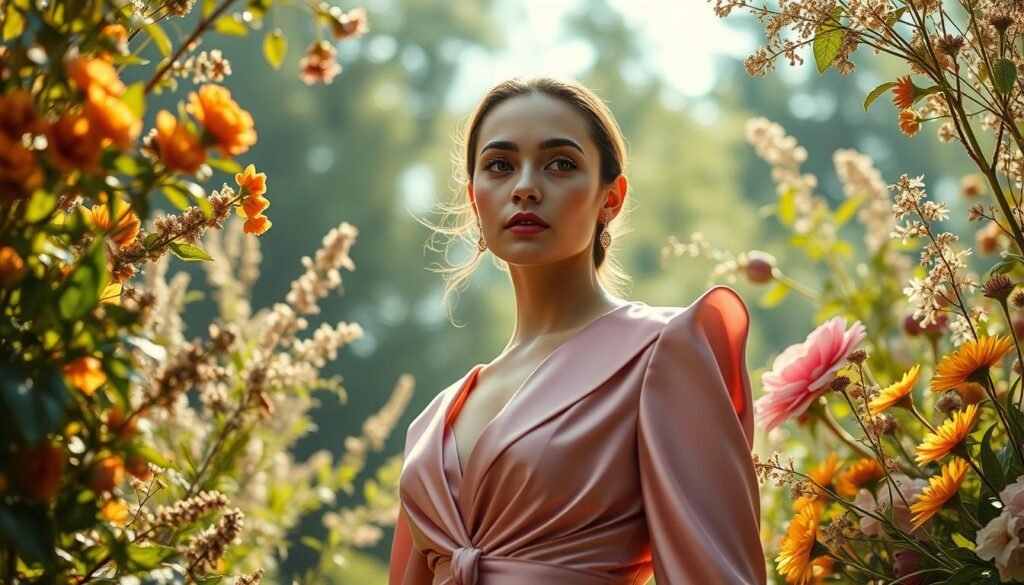 Retrato realista de una modelo femenina elegantemente vestida con una prenda de moda de lujo, rodeada de elementos que reflejan la sostenibilidad y el impacto ambiental en la industria de la moda. Fondos naturales con vegetación y flores en primer plano, contrastados con detalles tecnológicos y digitales en el fondo, creando una composición que evoca la integración de la alta costura con la sostenibilidad. Colores vivos y vibrantes que destacan la belleza de la prenda y la importancia del tema. Iluminación cálida y suave que resalta los detalles de la vestimenta y el rostro de la modelo. Encuadre que captura la elegancia y la relevancia temática de una manera visualmente impactante y de alta definición.