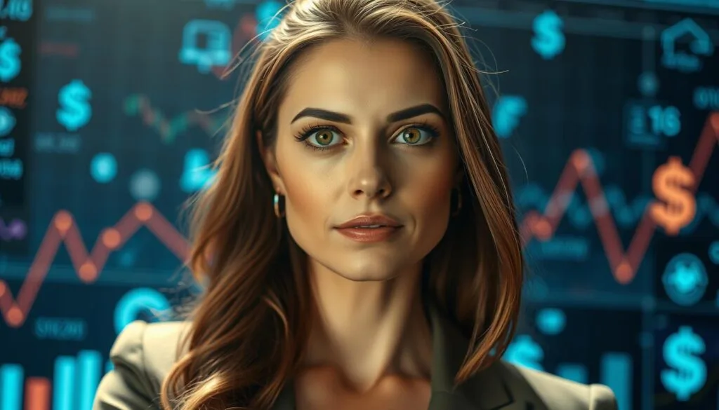 Retrato realista de una mujer de negocios exitosa, mirando con confianza y determinación hacia el espectador. Detrás de ella, un fondo tecnológico y futurista con gráficos financieros, símbolos de dólares y elementos digitales en tonos azules y violetas, que representan el poder transformador de las finanzas. La iluminación es cálida y suave, enfocando la atención en el rostro de la protagonista. La composición transmite una sensación de inspiración y progreso, reflejando historias de éxito en el sector financiero. Retrato realista de una mujer de negocios exitosa, mirando con confianza y determinación hacia el espectador. Detrás de ella, un fondo tecnológico y futurista con gráficos financieros, símbolos de dólares y elementos digitales en tonos azules y violetas, que representan el poder transformador de las finanzas. La iluminación es cálida y suave, enfocando la atención en el rostro de la protagonista. La composición transmite una sensación de inspiración y progreso, reflejando historias de éxito en el sector financiero.