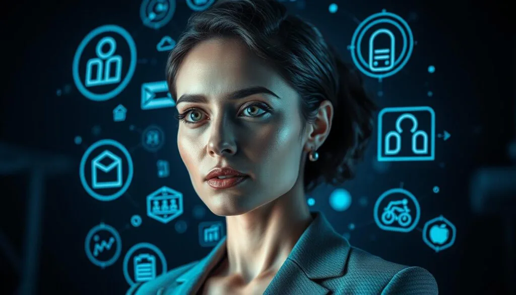 Retrato realista de una mujer sofisticada y segura, rodeada de iconos y símbolos de tecnología financiera innovadora. Fondo borroso con tonos azulados y destellos de luz, sugiriendo un ambiente tecnológico y futurista. La imagen transmite un sentido de progreso, eficiencia y transformación en el sector bancario. Iluminación suave y ángulo de cámara ligeramente elevado para resaltar la figura principal. Colores vibrantes y detalles de alta definición para capturar la esencia de la innovación financiera.