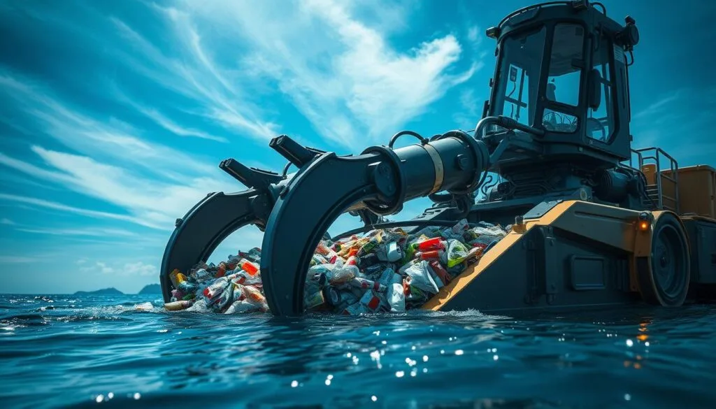 Retrato realista de una tecnología futura avanzada para la limpieza de plásticos en los océanos. En primer plano, una máquina impresionante con brazos robóticos recolectando desechos plásticos de las aguas. En el fondo, un paisaje costero natural con un cielo azul vibrante y brillante iluminación. Enfoque en los detalles técnicos de la maquinaria, con materiales de alta calidad y diseño de vanguardia. Transmitir un sentido de esperanza y progreso tecnológico en la lucha contra la contaminación marina. Imagen en alta definición, colores vividos y saturados.